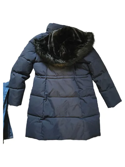 DKNY Damen Steppjacke Winterjacke Gr. 38 M mit Kunstpelz Kapuze Blau