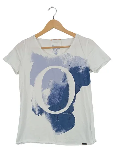 BOSS Orange Damen T-Shirt Gr. S weiß blau Print Baumwolle Casual