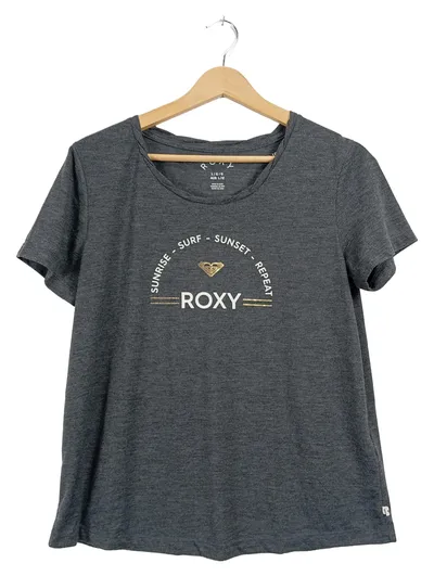 ROXY Damen T-Shirt Gr. L Grau Surf Logo Print Kurzarm Casual