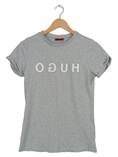 HUGO Boss Damen T-Shirt Grau Gr. M Logo Print Baumwolle Casual