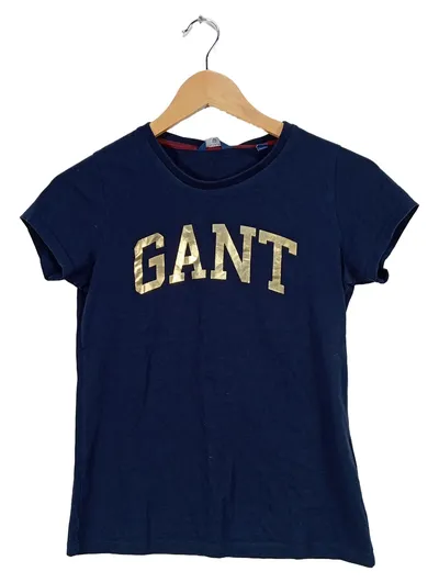 GANT Damen T-Shirt Gr. S Navy Blau Gold Logo Print Baumwolle