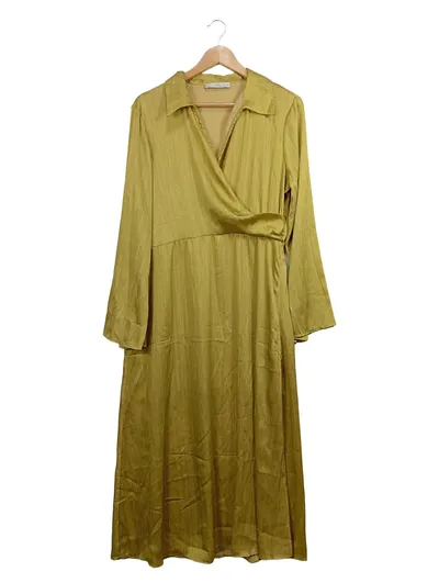 Mango Wickelkleid Damen Gr. 42/XL Oliv Langarm Midi Elegant