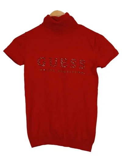 GUESS Damen Rollkragen Pullover Kurzarm Strick Rot Gr. 34 XS Logo Strass Glitzer