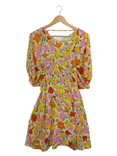 MANGO MNG Sommerkleid Gr. 42/XL Bunt Blumen Floral Rückenausschnitt Kurzarm