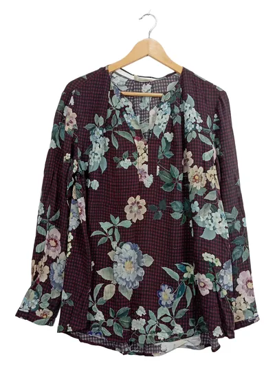 Cartoon Damen Bluse Gr. 42/XL Blumenmuster Viskose Langarm Mehrfarbig