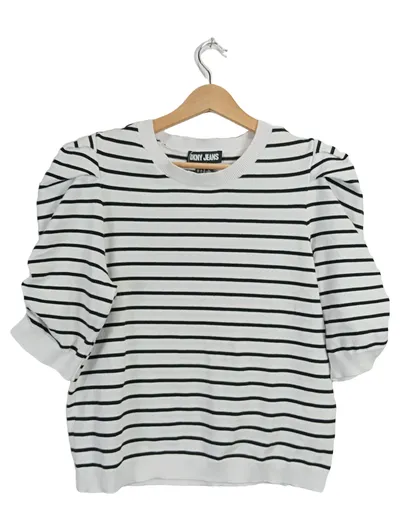 DKNY Jeans Damen Pullover Gr. 40/L Weiß Gestreift Kurzarm Puffärmel Baumwolle