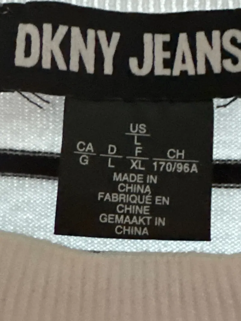 DKNY Jeans Damen Pullover Gr. 40/L Weiß Gestreift Kurzarm Puffärmel Baumwolle 3