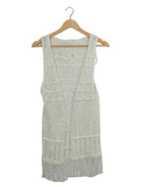 Ernsting's family Strickweste Damen Gr. 36 Weiß Boho Fransen Lochmuster 1