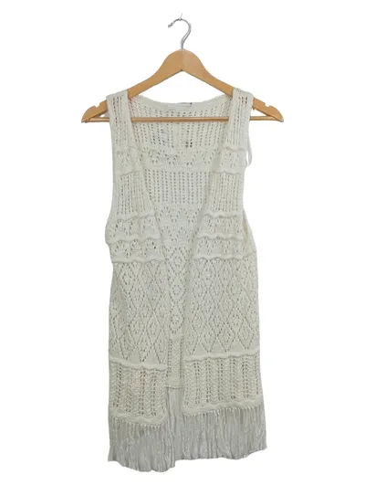 Ernsting's family Strickweste Damen Gr. 36 Weiß Boho Fransen Lochmuster