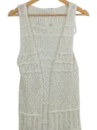Ernsting's family Strickweste Damen Gr. 36 Weiß Boho Fransen Lochmuster 2
