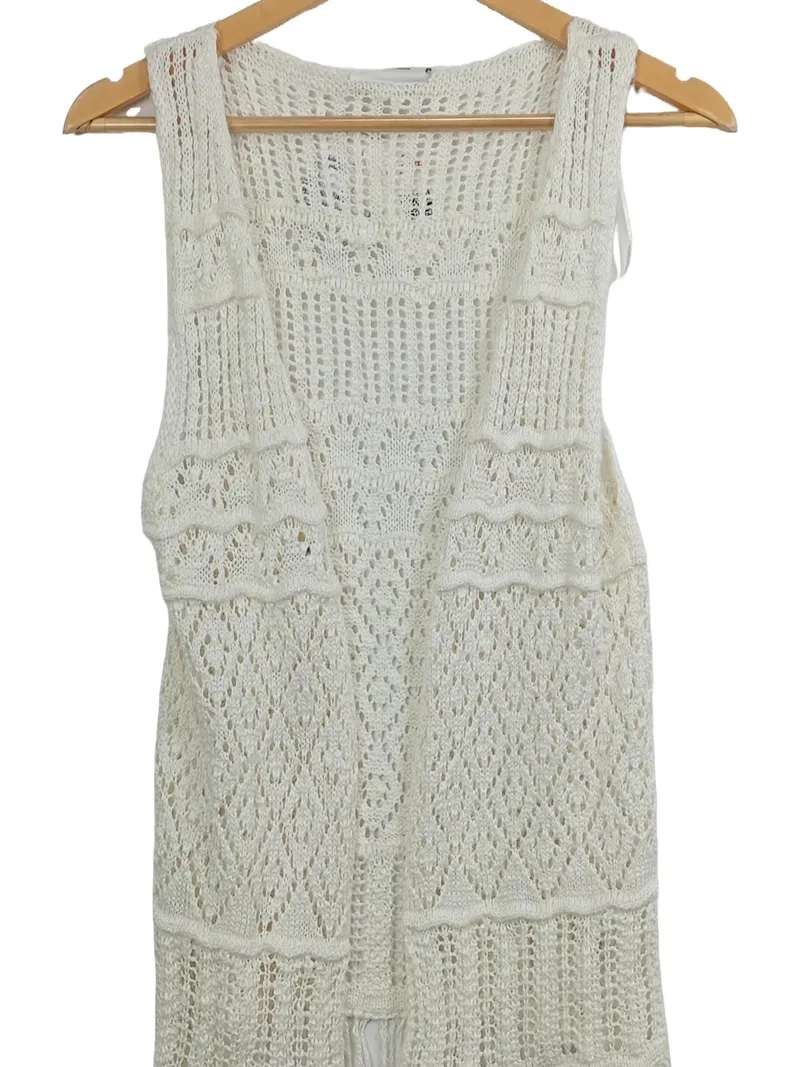 Ernsting's family Strickweste Damen Gr. 36 Weiß Boho Fransen Lochmuster 2