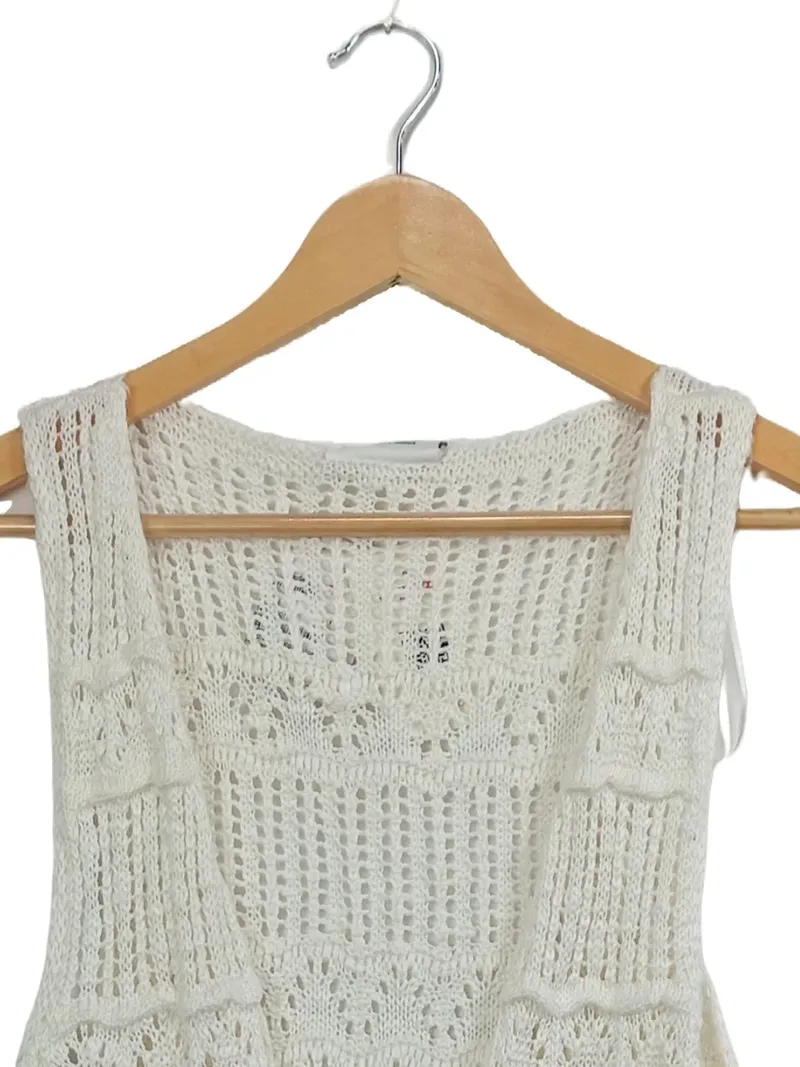Ernsting's family Strickweste Damen Gr. 36 Weiß Boho Fransen Lochmuster 3
