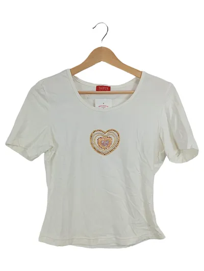 Taifun Collection Damen T-Shirt Gr. 36 Weiß Herz Applikation Pailletten