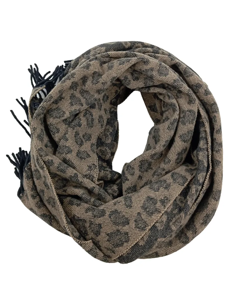 ACNE STUDIOS Schal Leopardenmuster 100% Schurwolle Braun Fransen 1
