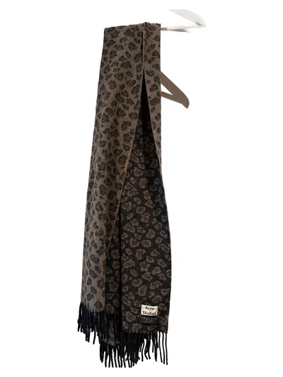 ACNE STUDIOS Schal Leopardenmuster 100% Schurwolle Braun Fransen