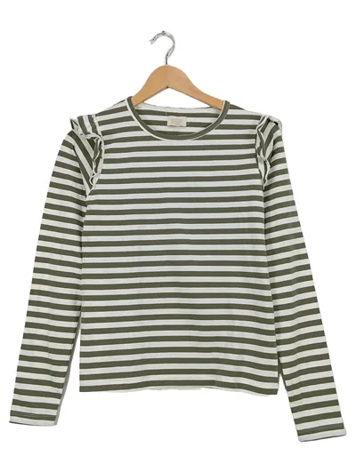 Creamie Langarmshirt Mädchen Gr. 164 Gestreift Oliv Rüschen Baumwolle Stretch