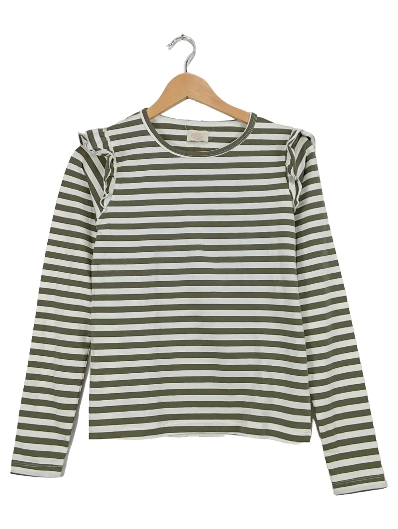 Creamie Langarmshirt Mädchen Gr. 164 Gestreift Oliv Rüschen Baumwolle Stretch 1