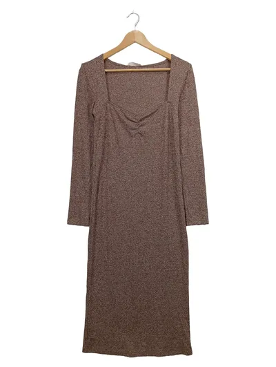 MANGO Damen Strickkleid Langarm Braun Meliert Gr. L 42 Midi