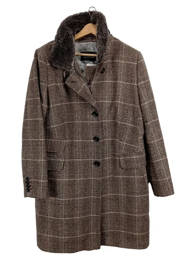 FUCHS SCHMITT Damen Mantel Gr. 44 Kariert Braun Fellkragen Wolloptik