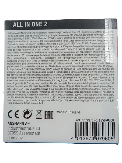 Ansmann Reiseadapter Weltweit All in One 2 Universal 150 Länder 625W Schwarz