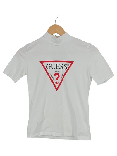 GUESS Damen T-Shirt Weiß Logo-Print Stehkragen Gr. S
