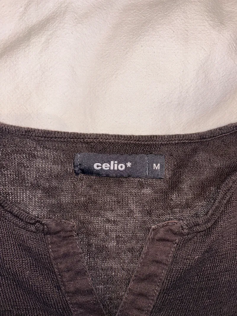 Celio Herren Langarmshirt Gr. M Braun Leinen V-Ausschnitt Casual 3