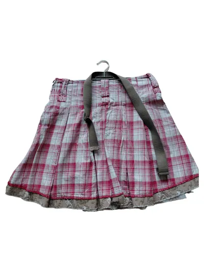 Stefanel Damen Faltenrock Gr. 44 Kariert Rosa Weiß mit Gürtel Baumwolle