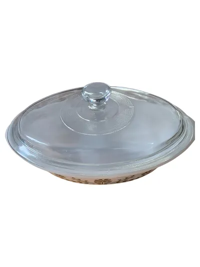Glasbake Auflaufform mit Glasdeckel Vintage Blumenmuster Beige 2L