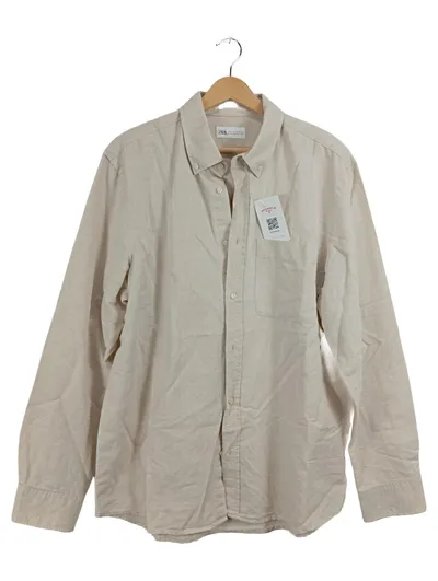 ZARA Herren Business Hemd Langarm Button-Down Beige Leinen Gr. L