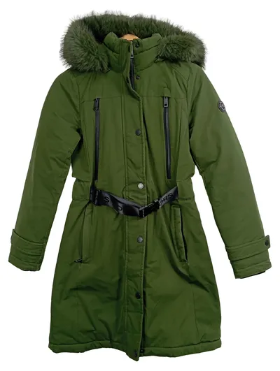 Michael Kors Damen Parka Winterjacke Mantel Kapuze Fellbesatz Grün Gr. 34 XS
