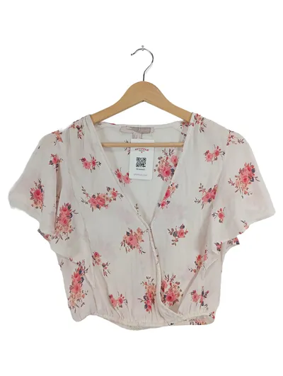 Forever 21 Damen Wickelbluse Blumenmuster Weiß Rosa Gr. S/36