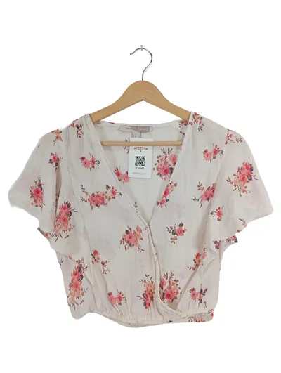 Forever 21 Damen Wickelbluse Blumenmuster Weiß Rosa Gr. S/36