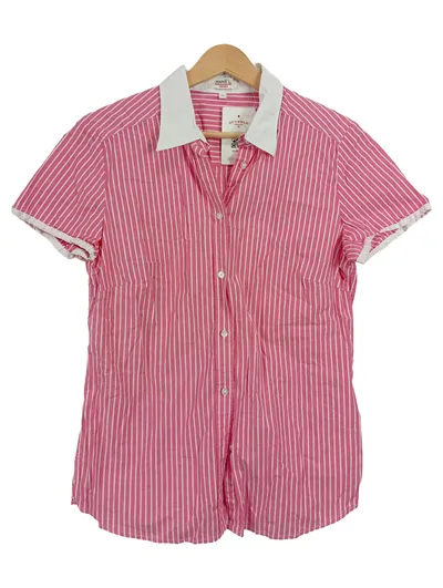 Anne L. Damen Hemdbluse Gr. 40 Rosa Weiß Gestreift Kurzarm Baumwolle