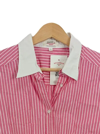 Anne L. Damen Hemdbluse Gr. 40 Rosa Weiß Gestreift Kurzarm Baumwolle