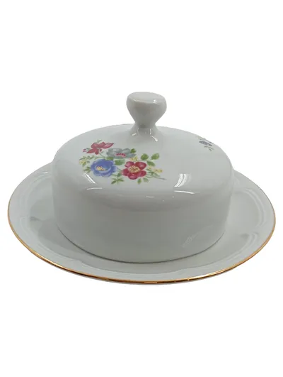KAHLA Butterdose mit Deckel Porzellan Blumenmuster Goldrand DDR GDR