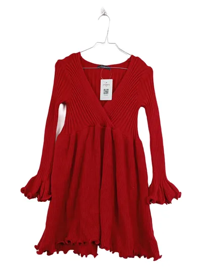 Bisou's Project Strickkleid Damen Gr. 36/S Rot Rüschen Rippstrick