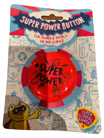 Trendhaus Super Power Button Ansteckpin Rot 5 cm Schule Motivations Pin
