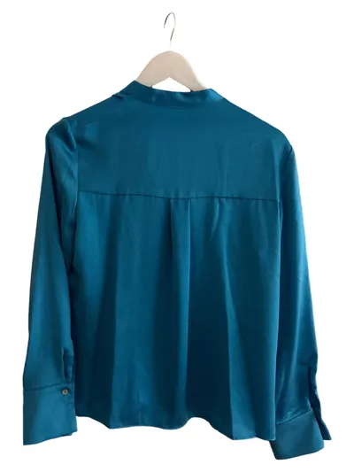 Mango MNG Damen Bluse Türkis Langarm Stehkragen Gr. S/36 Satin