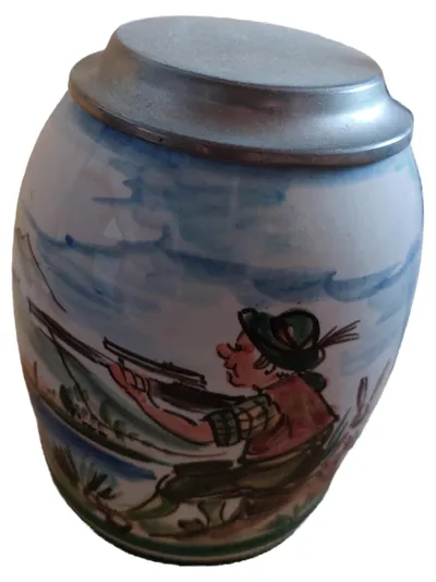 Ulmer Keramik Bierkrug Zinn Jagd Motiv Jäger traditionell Mehrfarbig 12cm