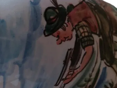 Ulmer Keramik Bierkrug Zinn Jagd Motiv Jäger traditionell Mehrfarbig 12cm