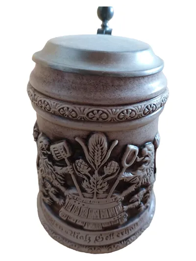 VULKAN Bierkrug Keramik Zinn Zinndeckel Traditionell Beige 15cm