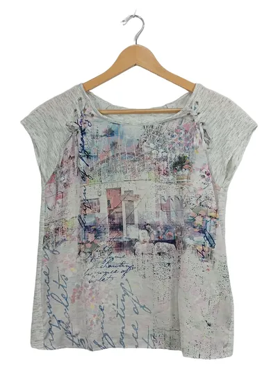 TAIFUN Damen T-Shirt Gr. 36/S Grau Print Schnürung Viskose Casual