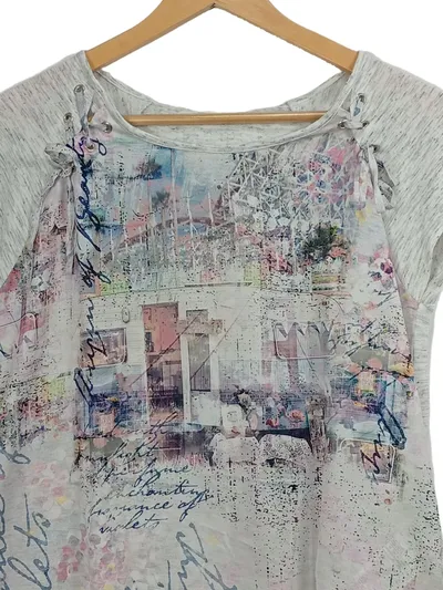TAIFUN Damen T-Shirt Gr. 36/S Grau Print Schnürung Viskose Casual