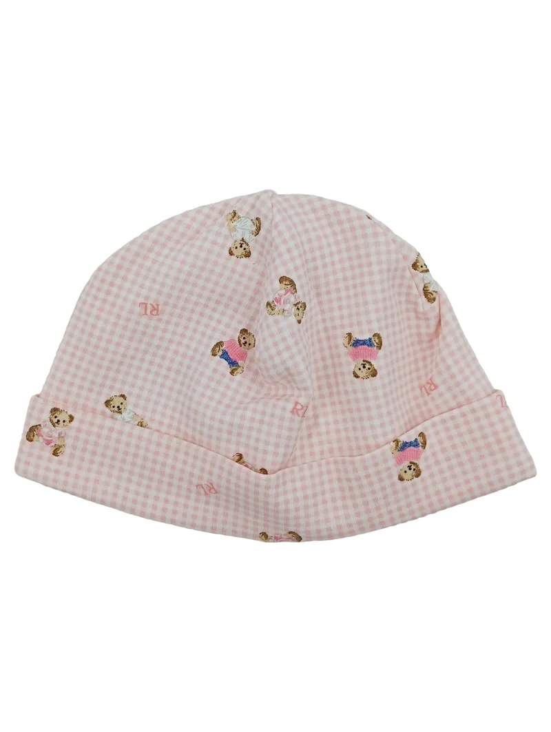 Ralph Lauren Baby Mütze Rosa Teddybären Karo Baumwolle NEU 1