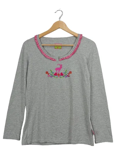Die Spiegelburg Shirt Langarm Gr. 36/38 S Grau Ziegenmotiv Trachten Rüschen