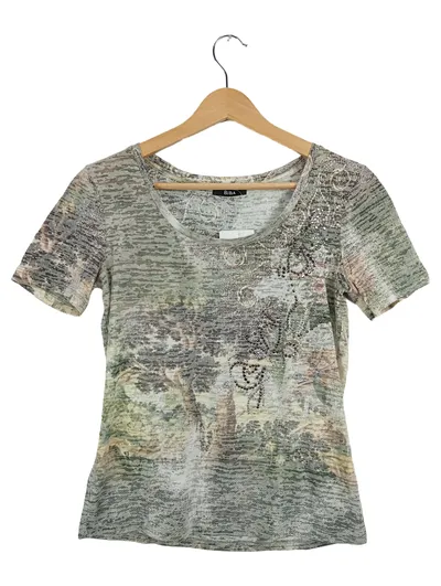 BiBA Damen T-Shirt Gr. XS 34 Grau Floral Strass Kurzarm Modern