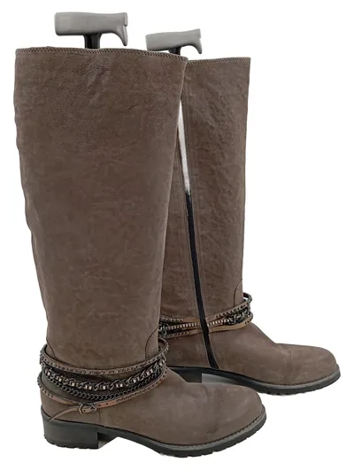 Maripé Damen Stiefel Gr. 40,5 Braun Leder Ketten Nieten Biker Style