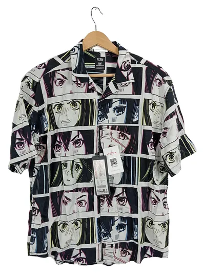 FSBN Anime Manga Print Hemd Herren XS Kurzarm Oversized Fit Mehrfarbig
