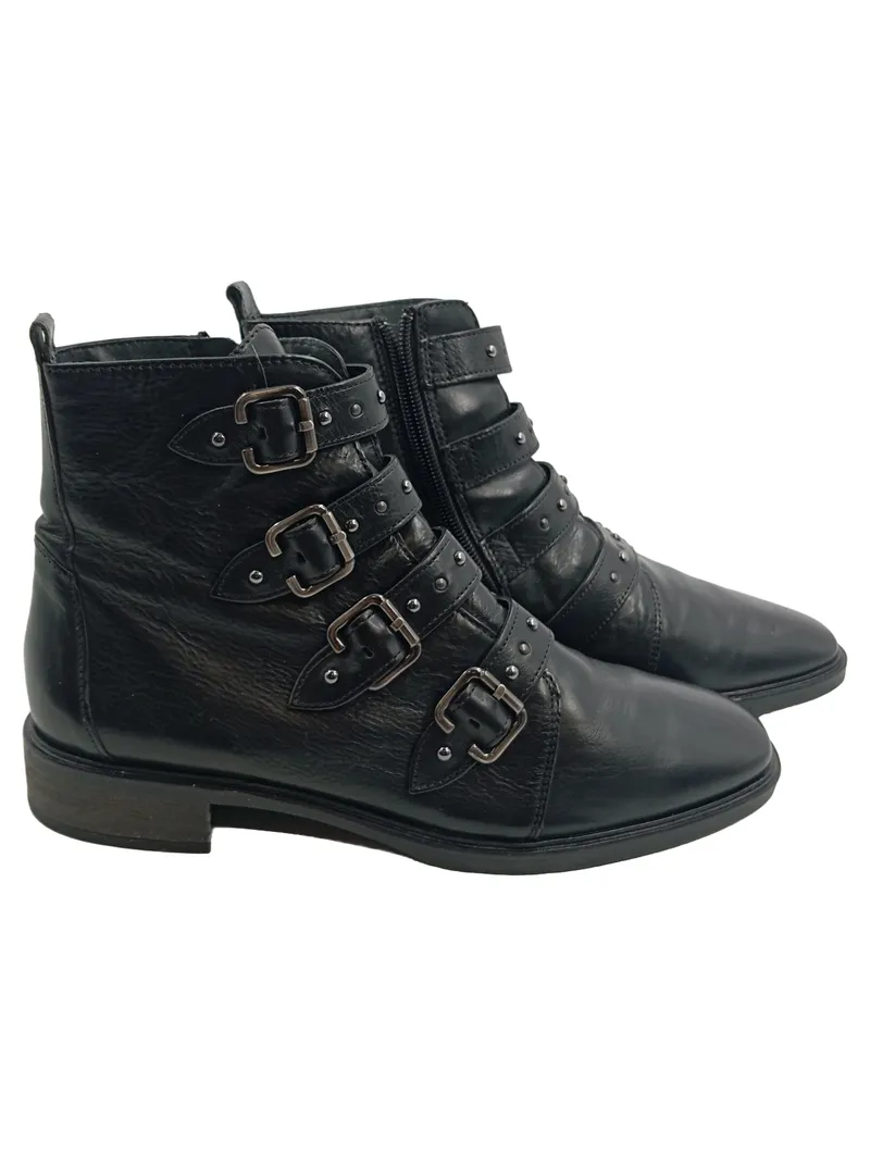 Paul Green Damen Stiefelette Schwarz Leder Schnallen Nieten Gr. 38.5 1