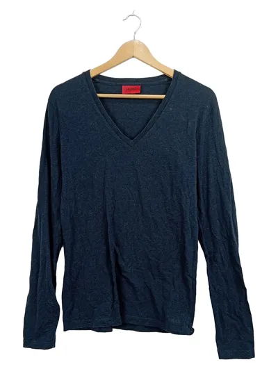 HUGO BOSS Herren Langarmshirt V-Ausschnitt Blau Meliert Gr. 48 M